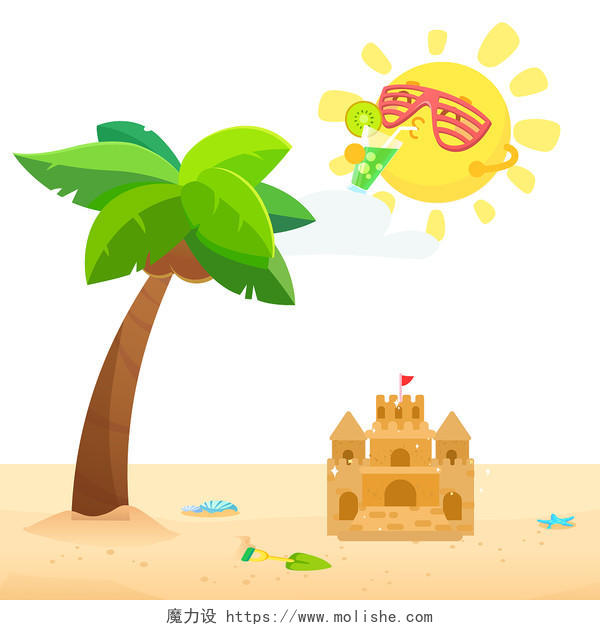 夏天海边沙滩卡通太阳椰子树PSD元素夏天夏日夏季